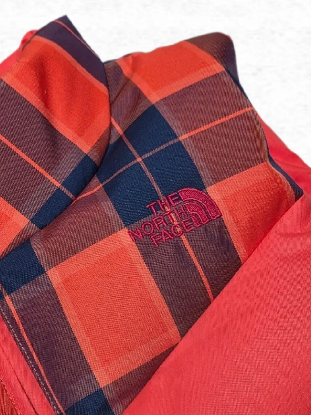 North Face Retro Plaid Vest Large Coral Red Orange Blue Down Puffer Womens Large